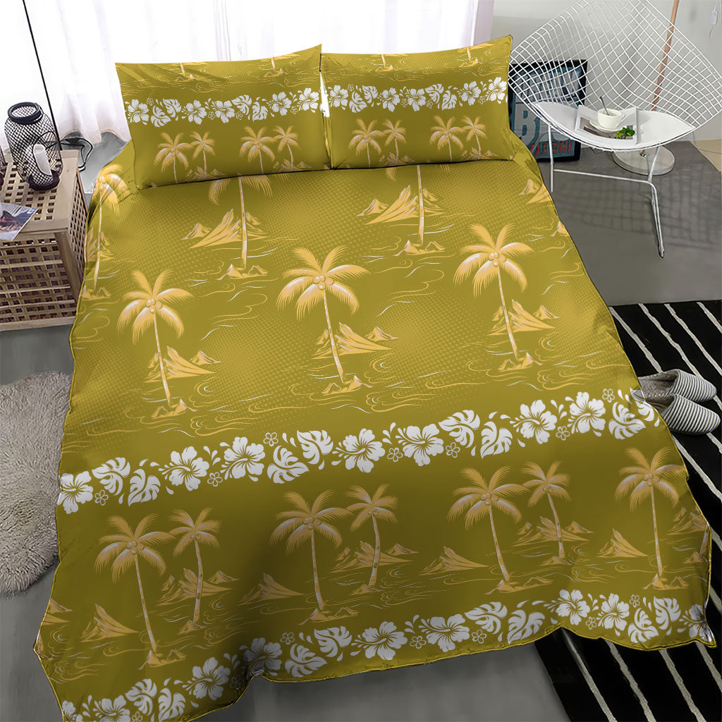 Yellow Hawaii Palm Tree Hibiscus Bedding Set Fantasy Summer Vibe