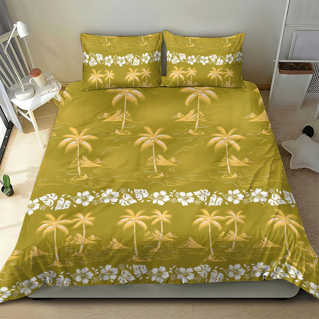 Yellow Hawaii Palm Tree Hibiscus Bedding Set Fantasy Summer Vibe