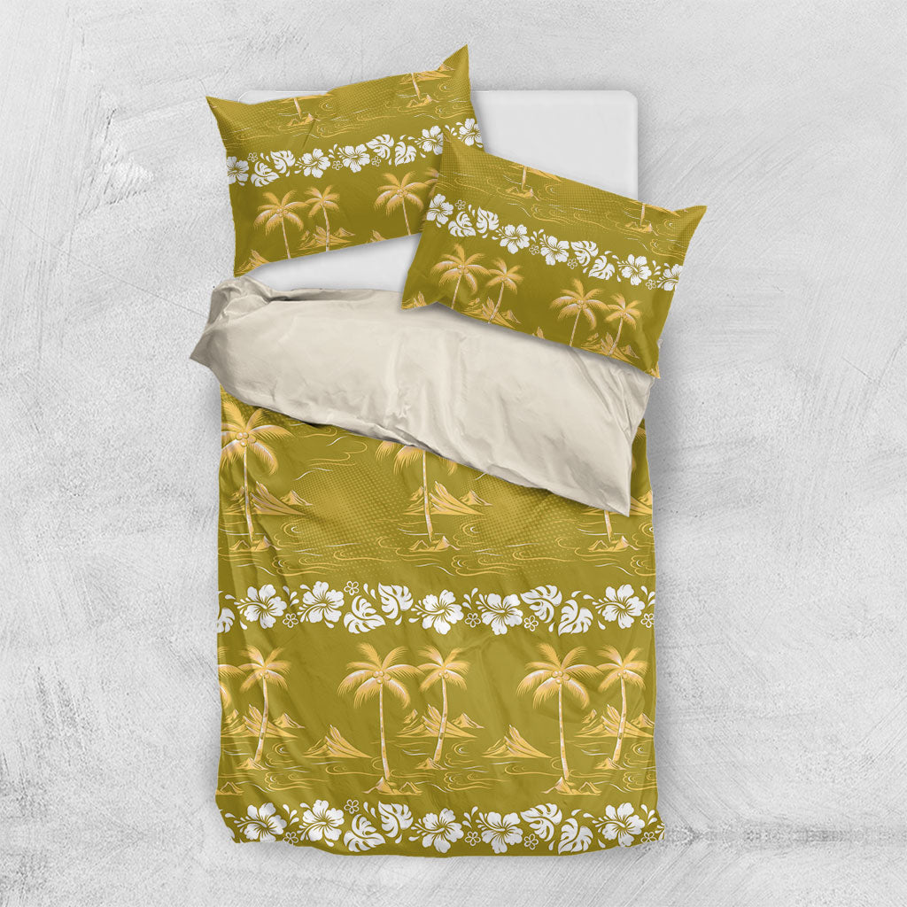 Yellow Hawaii Palm Tree Hibiscus Bedding Set Fantasy Summer Vibe