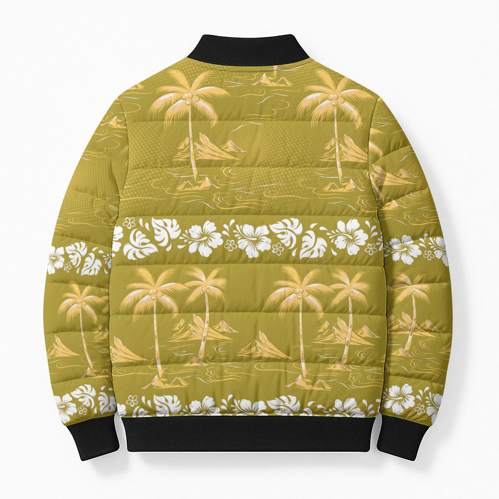 Yellow Hawaii Palm Tree Hibiscus Bomber Puffer Jacket Fantasy Summer Vibe