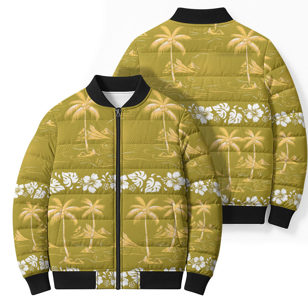Yellow Hawaii Palm Tree Hibiscus Bomber Puffer Jacket Fantasy Summer Vibe