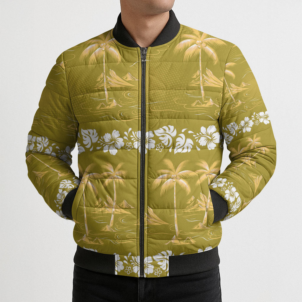 Yellow Hawaii Palm Tree Hibiscus Bomber Puffer Jacket Fantasy Summer Vibe