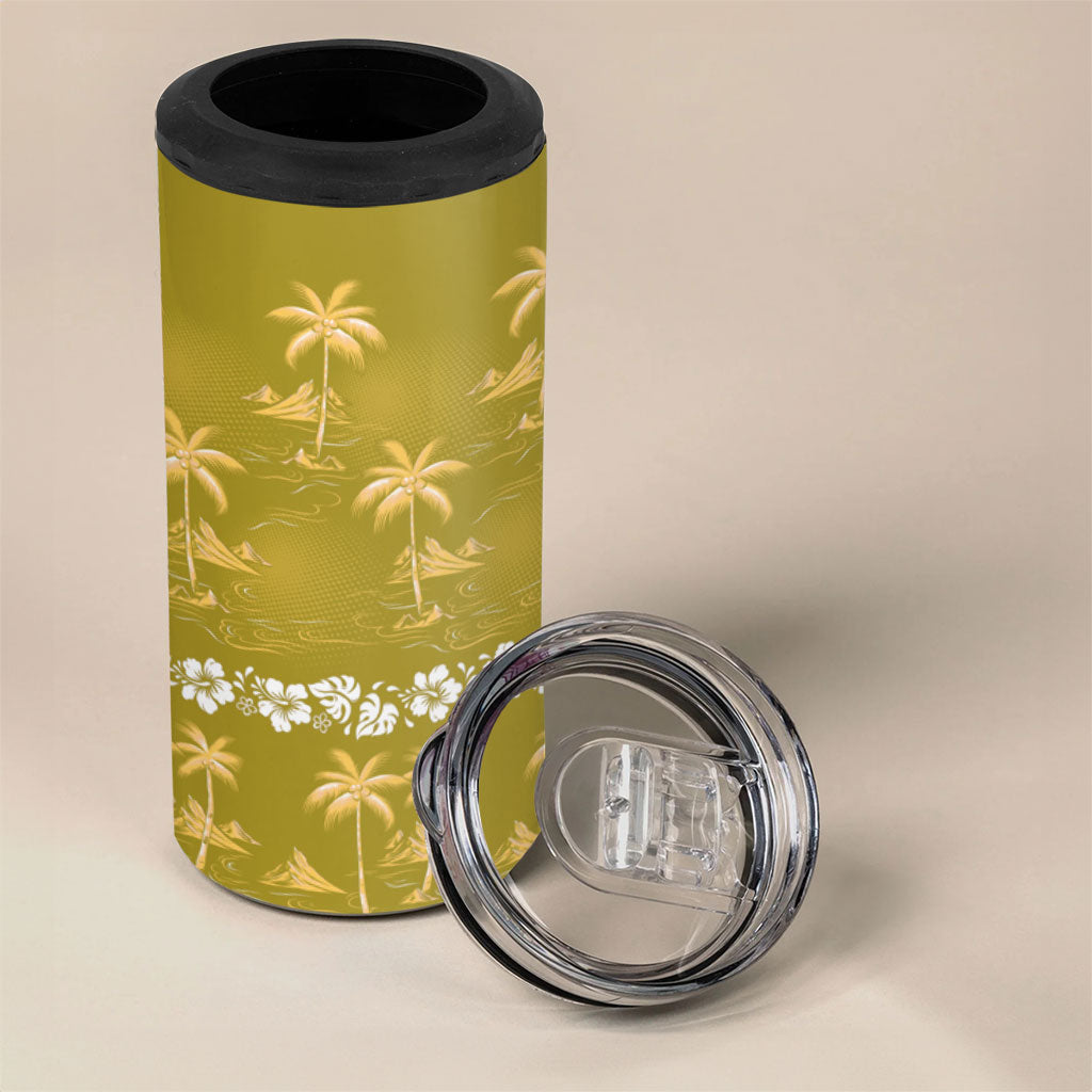 Yellow Hawaii Palm Tree Hibiscus 4 in 1 Can Cooler Tumbler Fantasy Summer Vibe