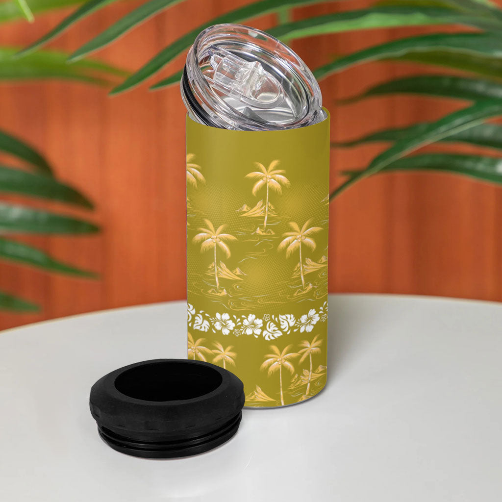 Yellow Hawaii Palm Tree Hibiscus 4 in 1 Can Cooler Tumbler Fantasy Summer Vibe