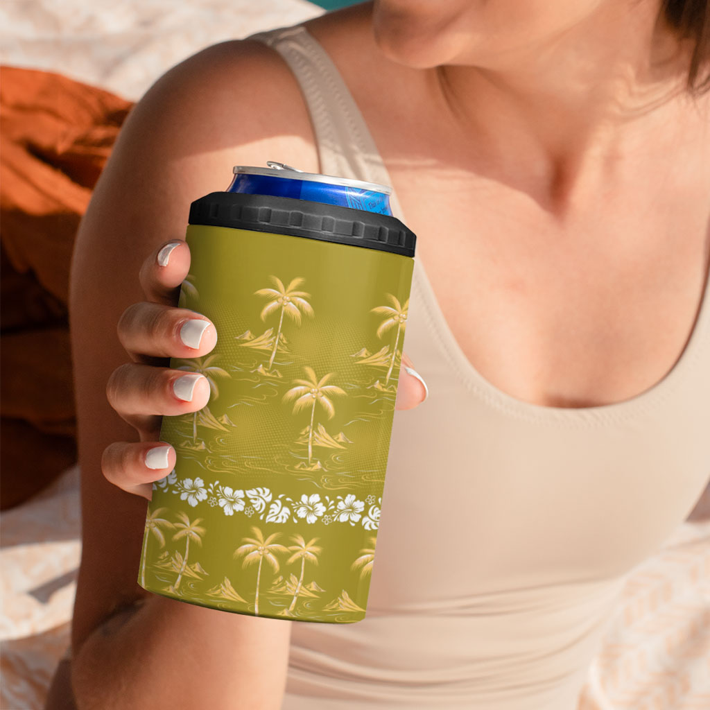Yellow Hawaii Palm Tree Hibiscus 4 in 1 Can Cooler Tumbler Fantasy Summer Vibe