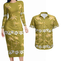 Yellow Hawaii Palm Tree Hibiscus Couples Matching Long Sleeve Bodycon Dress and Hawaiian Shirt Fantasy Summer Vibe