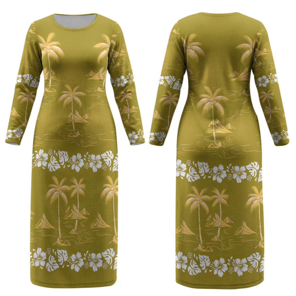 Yellow Hawaii Palm Tree Hibiscus Couples Matching Long Sleeve Bodycon Dress and Hawaiian Shirt Fantasy Summer Vibe