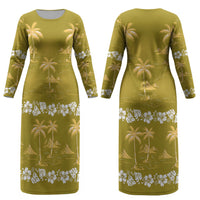 Yellow Hawaii Palm Tree Hibiscus Couples Matching Long Sleeve Bodycon Dress and Hawaiian Shirt Fantasy Summer Vibe