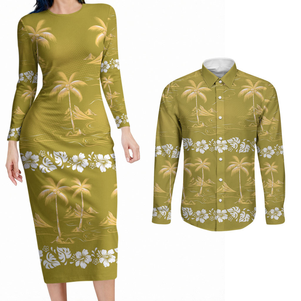 Yellow Hawaii Palm Tree Hibiscus Couples Matching Long Sleeve Bodycon Dress and Long Sleeve Button Shirt Fantasy Summer Vibe