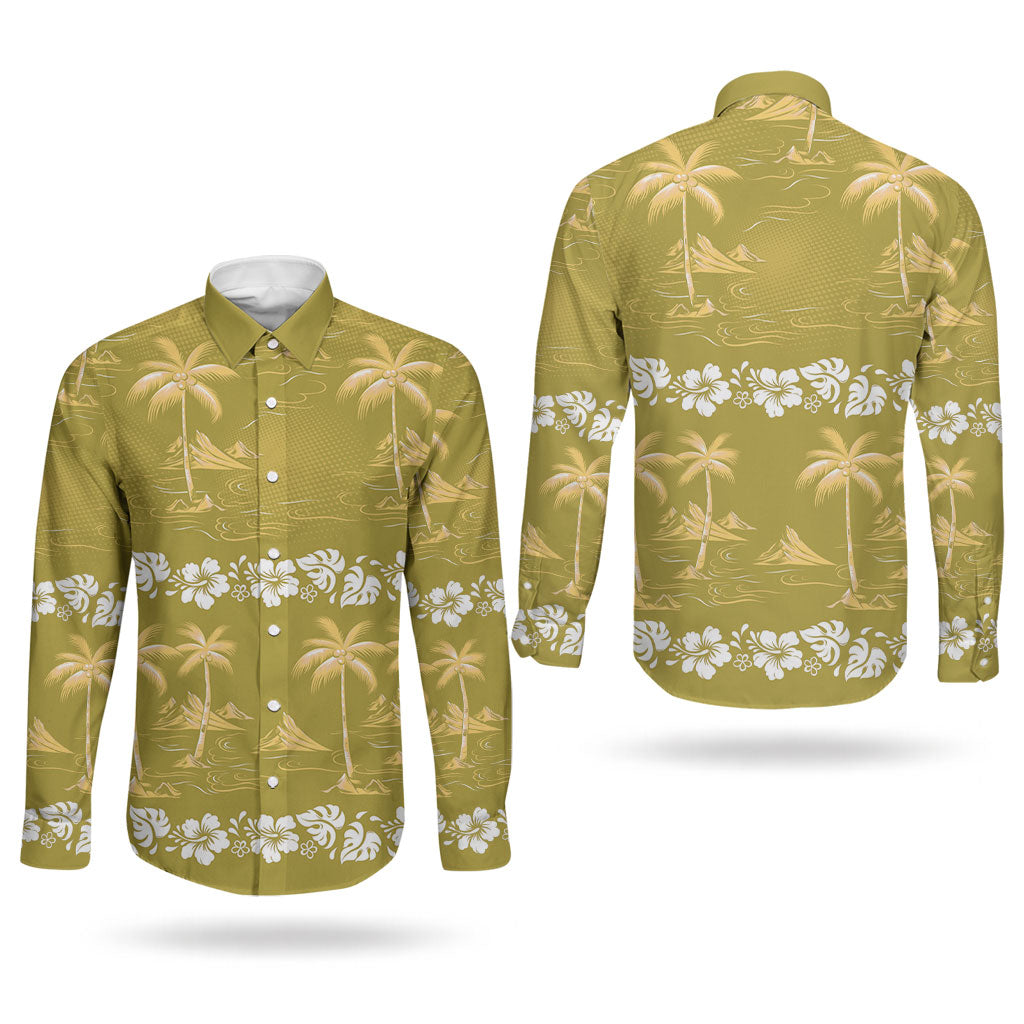 Yellow Hawaii Palm Tree Hibiscus Couples Matching Long Sleeve Bodycon Dress and Long Sleeve Button Shirt Fantasy Summer Vibe