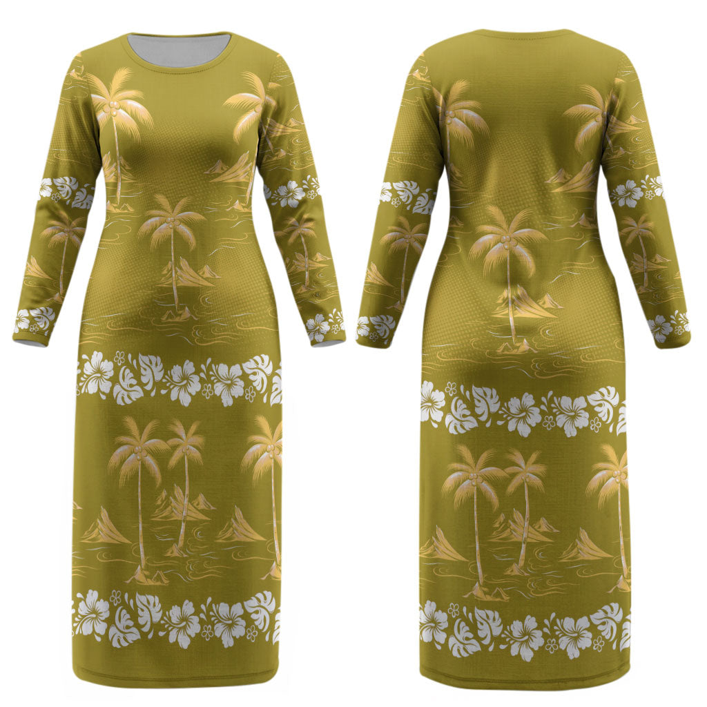 Yellow Hawaii Palm Tree Hibiscus Couples Matching Long Sleeve Bodycon Dress and Long Sleeve Button Shirt Fantasy Summer Vibe