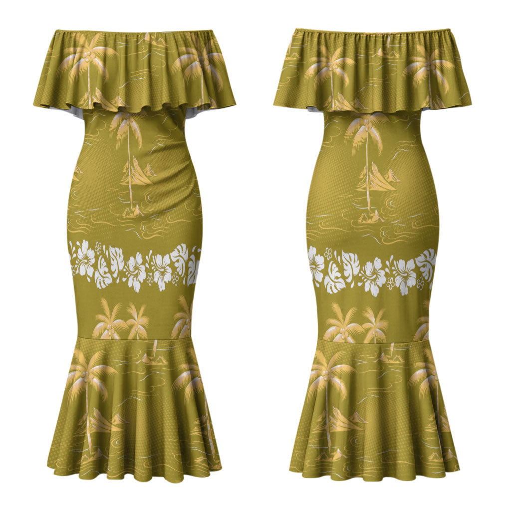 Yellow Hawaii Palm Tree Hibiscus Couples Matching Mermaid Dress and Hawaiian Shirt Fantasy Summer Vibe