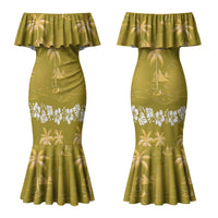 Yellow Hawaii Palm Tree Hibiscus Couples Matching Mermaid Dress and Hawaiian Shirt Fantasy Summer Vibe