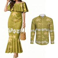 Yellow Hawaii Palm Tree Hibiscus Couples Matching Mermaid Dress and Long Sleeve Button Shirt Fantasy Summer Vibe