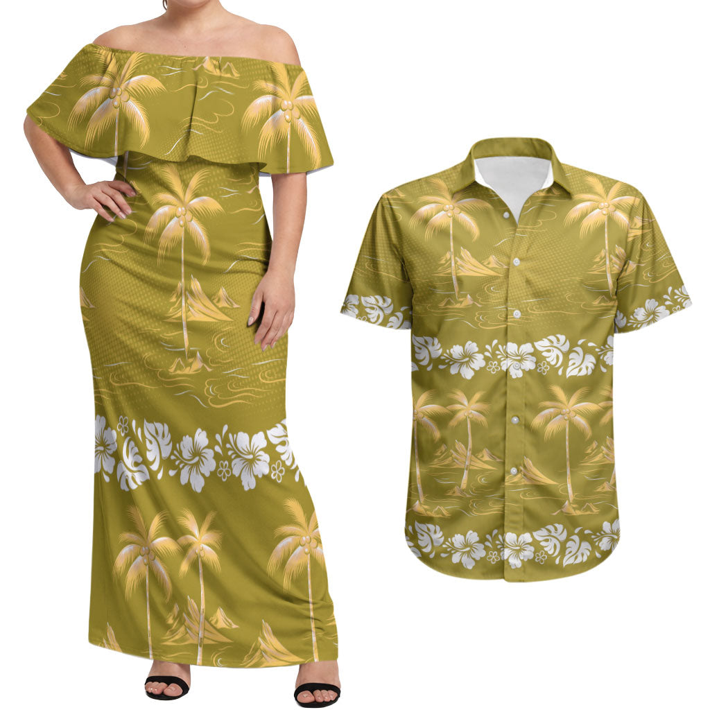 Yellow Hawaii Palm Tree Hibiscus Couples Matching Off Shoulder Maxi Dress and Hawaiian Shirt Fantasy Summer Vibe