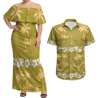 Yellow Hawaii Palm Tree Hibiscus Couples Matching Off Shoulder Maxi Dress and Hawaiian Shirt Fantasy Summer Vibe