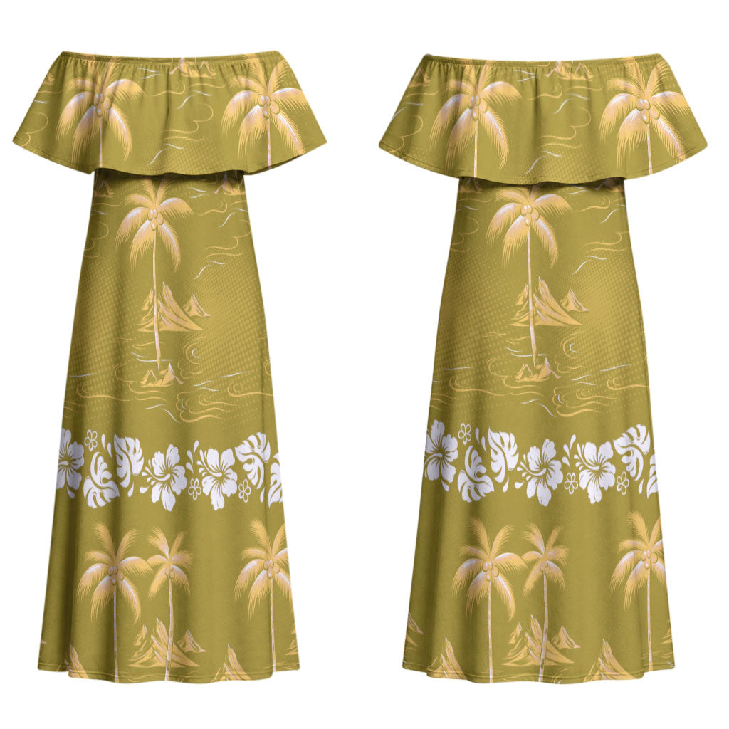 Yellow Hawaii Palm Tree Hibiscus Couples Matching Off Shoulder Maxi Dress and Hawaiian Shirt Fantasy Summer Vibe
