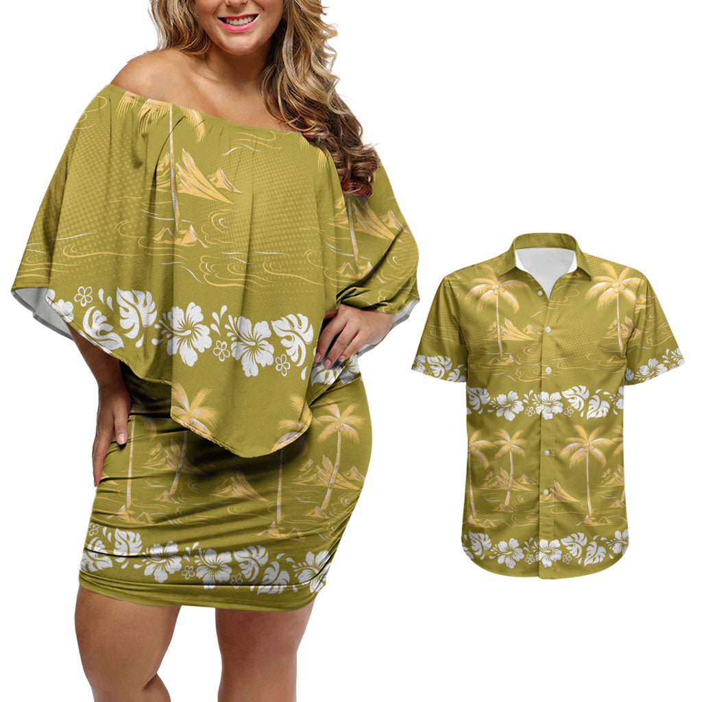 Yellow Hawaii Palm Tree Hibiscus Couples Matching Off Shoulder Short Dress and Hawaiian Shirt Fantasy Summer Vibe