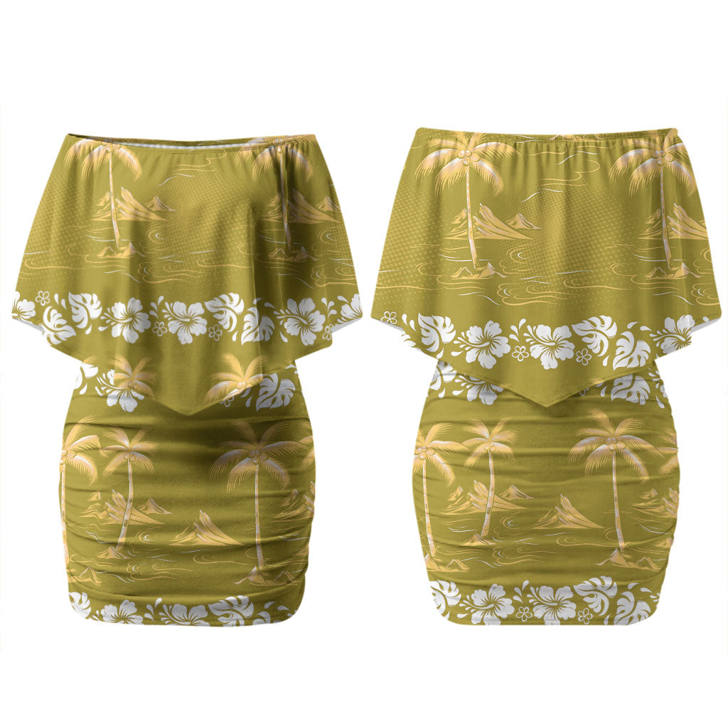 Yellow Hawaii Palm Tree Hibiscus Couples Matching Off Shoulder Short Dress and Hawaiian Shirt Fantasy Summer Vibe