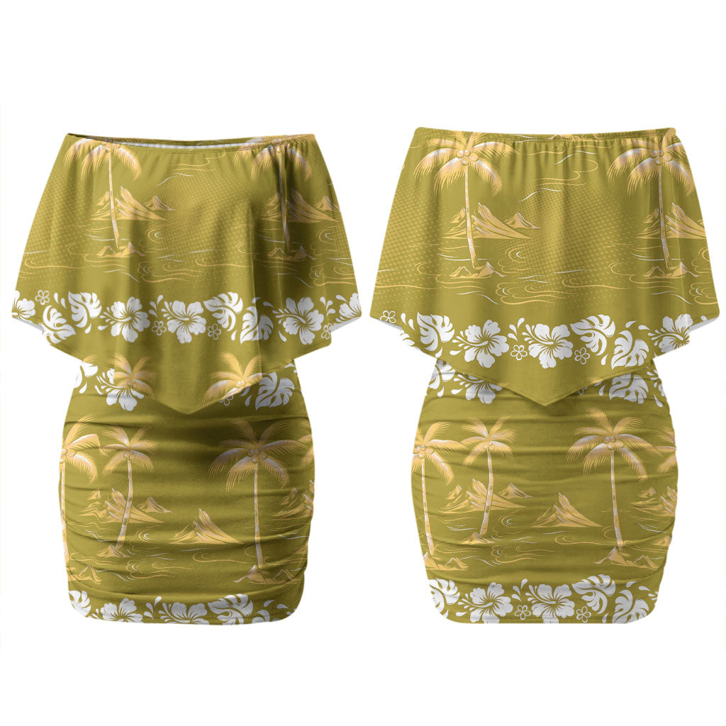 Yellow Hawaii Palm Tree Hibiscus Couples Matching Off Shoulder Short Dress and Long Sleeve Button Shirt Fantasy Summer Vibe