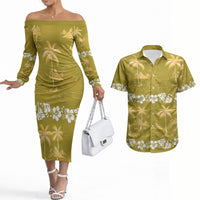 Yellow Hawaii Palm Tree Hibiscus Couples Matching Off The Shoulder Long Sleeve Dress and Hawaiian Shirt Fantasy Summer Vibe