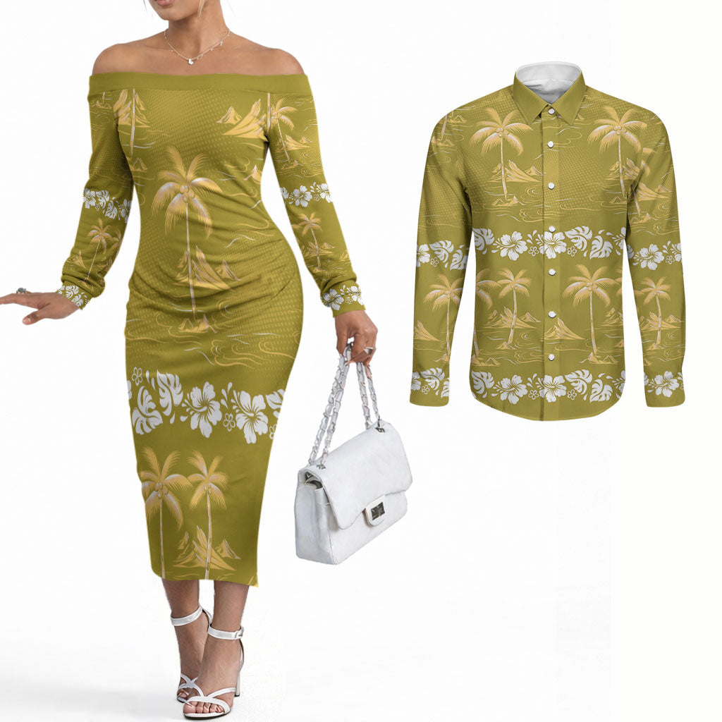 Yellow Hawaii Palm Tree Hibiscus Couples Matching Off The Shoulder Long Sleeve Dress and Long Sleeve Button Shirt Fantasy Summer Vibe