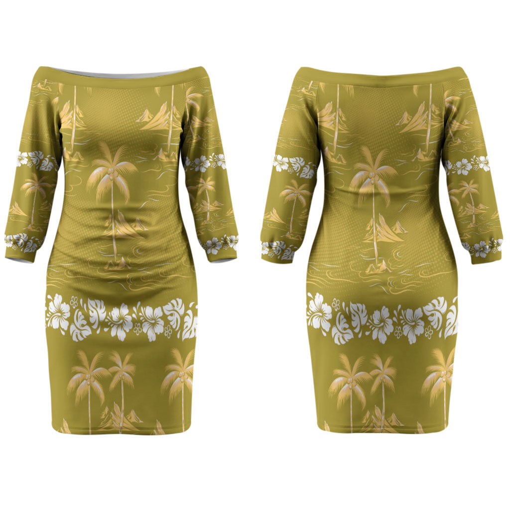 Yellow Hawaii Palm Tree Hibiscus Couples Matching Off The Shoulder Long Sleeve Dress and Long Sleeve Button Shirt Fantasy Summer Vibe