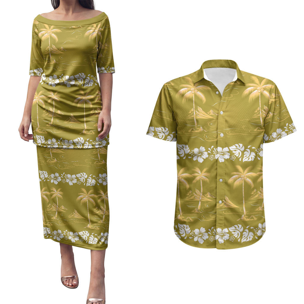 Yellow Hawaii Palm Tree Hibiscus Couples Matching Puletasi and Hawaiian Shirt Fantasy Summer Vibe