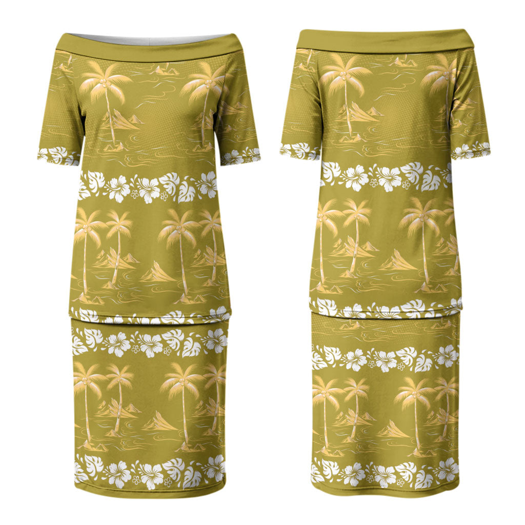 Yellow Hawaii Palm Tree Hibiscus Couples Matching Puletasi and Hawaiian Shirt Fantasy Summer Vibe