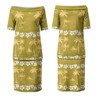 Yellow Hawaii Palm Tree Hibiscus Couples Matching Puletasi and Hawaiian Shirt Fantasy Summer Vibe