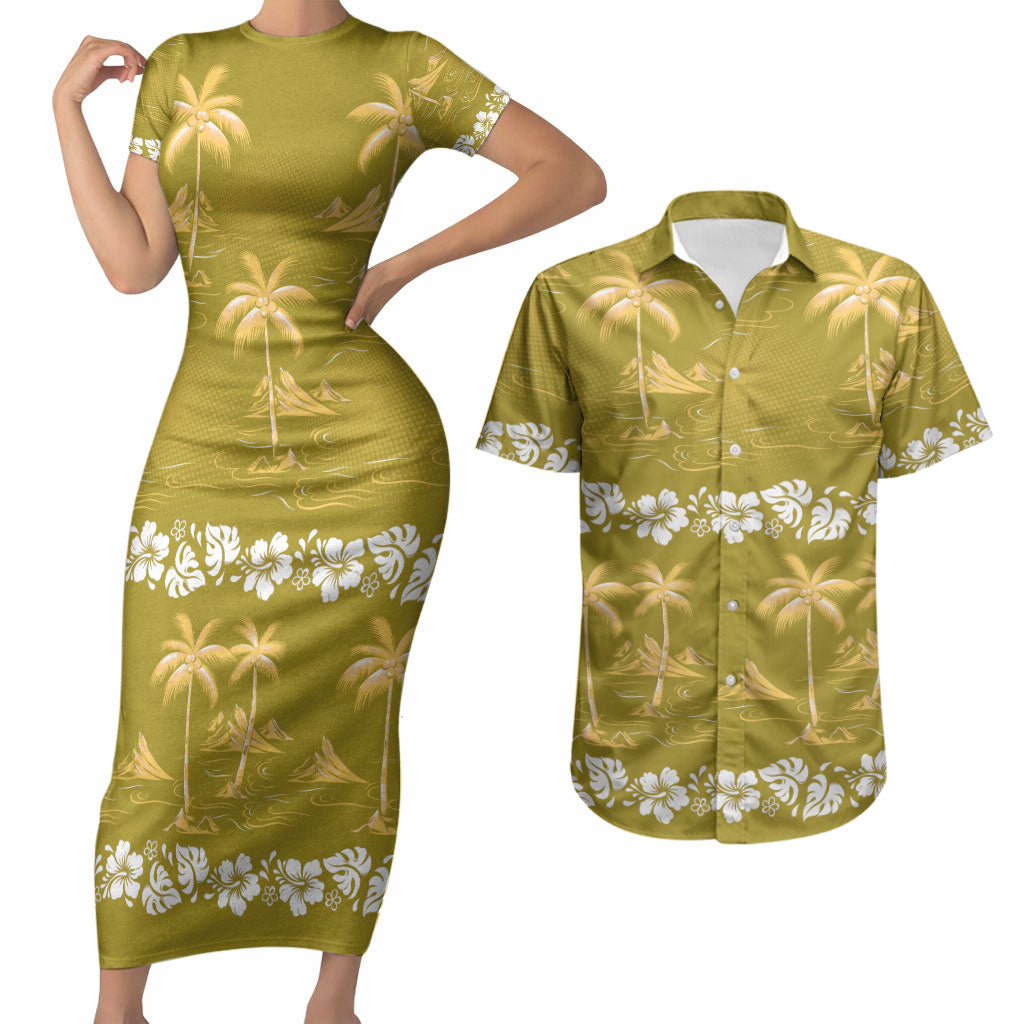 Yellow Hawaii Palm Tree Hibiscus Couples Matching Short Sleeve Bodycon Dress and Hawaiian Shirt Fantasy Summer Vibe LT01 Yellow - Polynesian Pride
