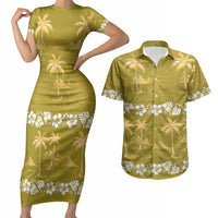 Yellow Hawaii Palm Tree Hibiscus Couples Matching Short Sleeve Bodycon Dress and Hawaiian Shirt Fantasy Summer Vibe