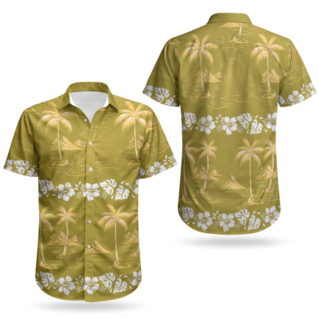Yellow Hawaii Palm Tree Hibiscus Couples Matching Short Sleeve Bodycon Dress and Hawaiian Shirt Fantasy Summer Vibe