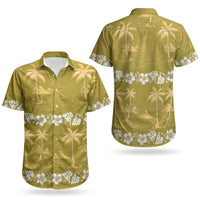Yellow Hawaii Palm Tree Hibiscus Couples Matching Short Sleeve Bodycon Dress and Hawaiian Shirt Fantasy Summer Vibe