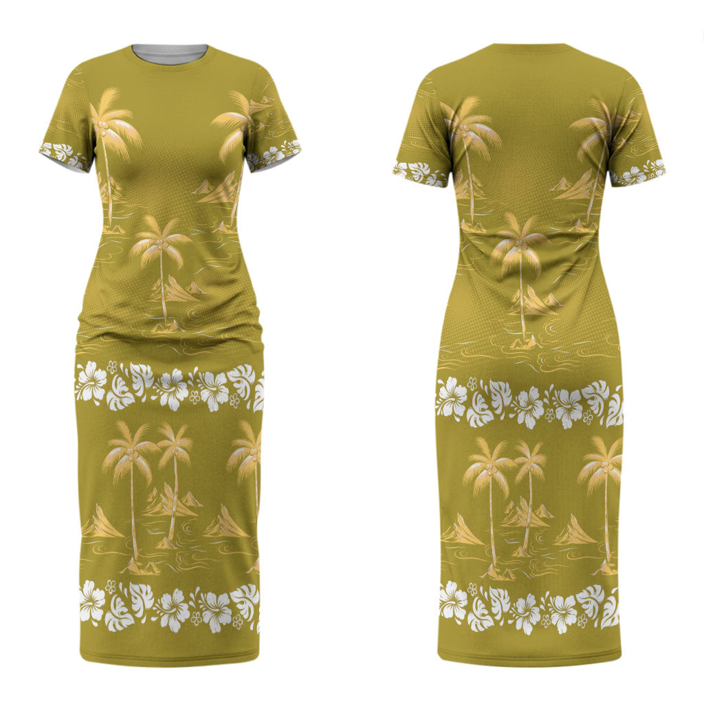 Yellow Hawaii Palm Tree Hibiscus Couples Matching Short Sleeve Bodycon Dress and Hawaiian Shirt Fantasy Summer Vibe