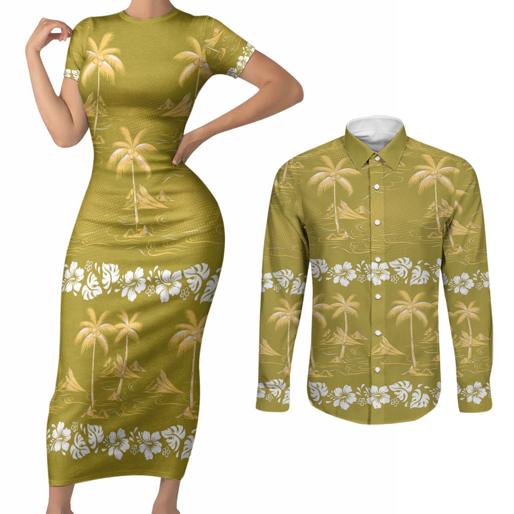 Yellow Hawaii Palm Tree Hibiscus Couples Matching Short Sleeve Bodycon Dress and Long Sleeve Button Shirt Fantasy Summer Vibe