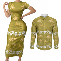 Yellow Hawaii Palm Tree Hibiscus Couples Matching Short Sleeve Bodycon Dress and Long Sleeve Button Shirt Fantasy Summer Vibe