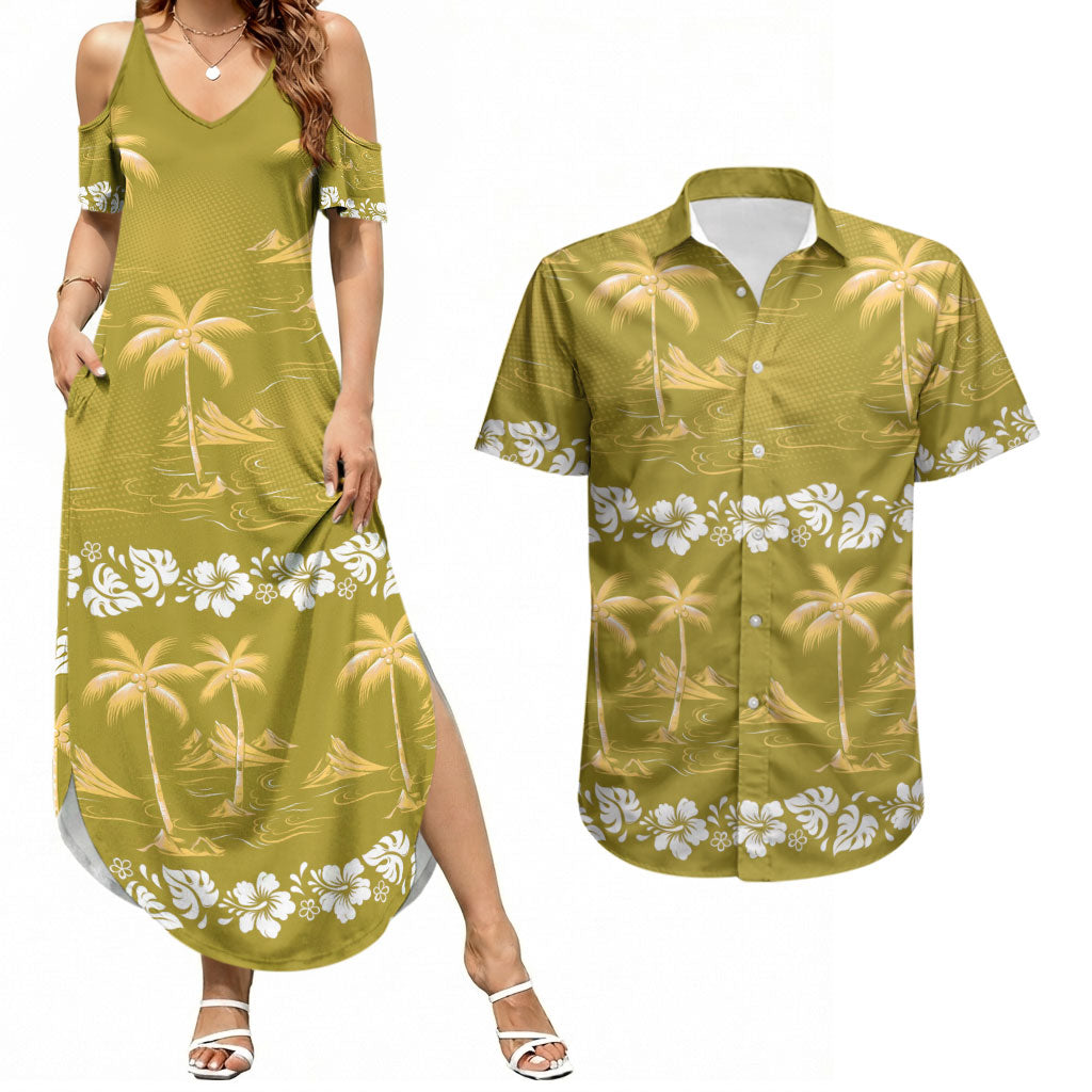 Yellow Hawaii Palm Tree Hibiscus Couples Matching Summer Maxi Dress and Hawaiian Shirt Fantasy Summer Vibe