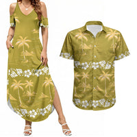 Yellow Hawaii Palm Tree Hibiscus Couples Matching Summer Maxi Dress and Hawaiian Shirt Fantasy Summer Vibe