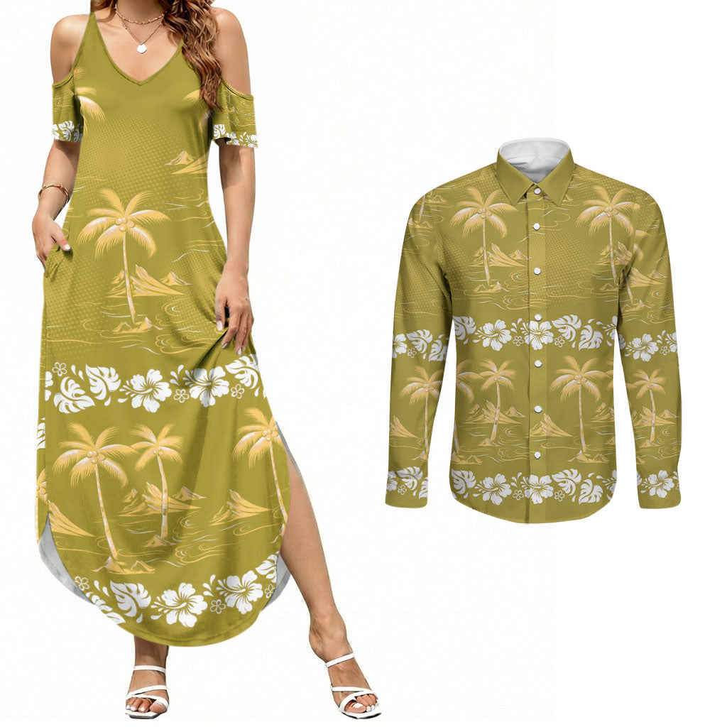 Yellow Hawaii Palm Tree Hibiscus Couples Matching Summer Maxi Dress and Long Sleeve Button Shirt Fantasy Summer Vibe