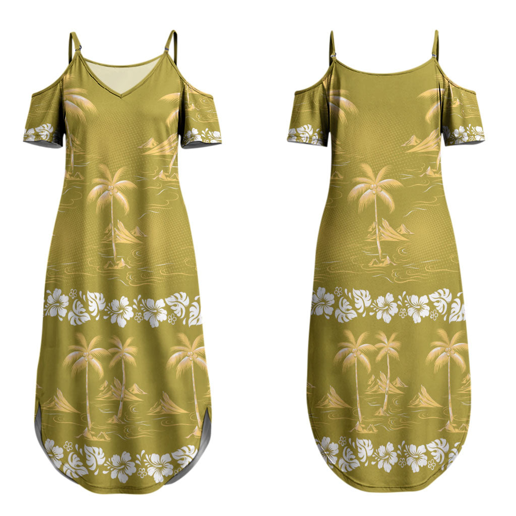 Yellow Hawaii Palm Tree Hibiscus Couples Matching Summer Maxi Dress and Long Sleeve Button Shirt Fantasy Summer Vibe