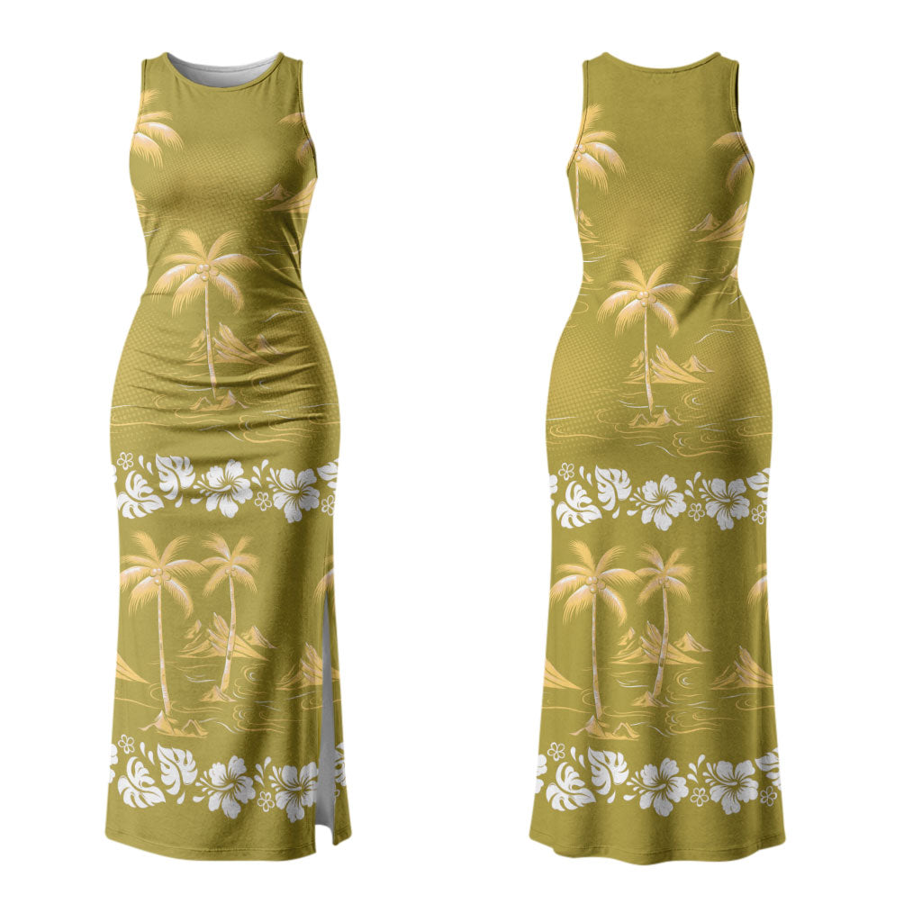 Yellow Hawaii Palm Tree Hibiscus Couples Matching Tank Maxi Dress and Hawaiian Shirt Fantasy Summer Vibe