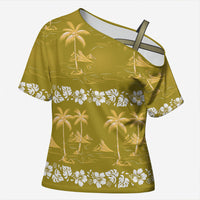 Yellow Hawaii Palm Tree Hibiscus Cross Shoulder Shirt Fantasy Summer Vibe