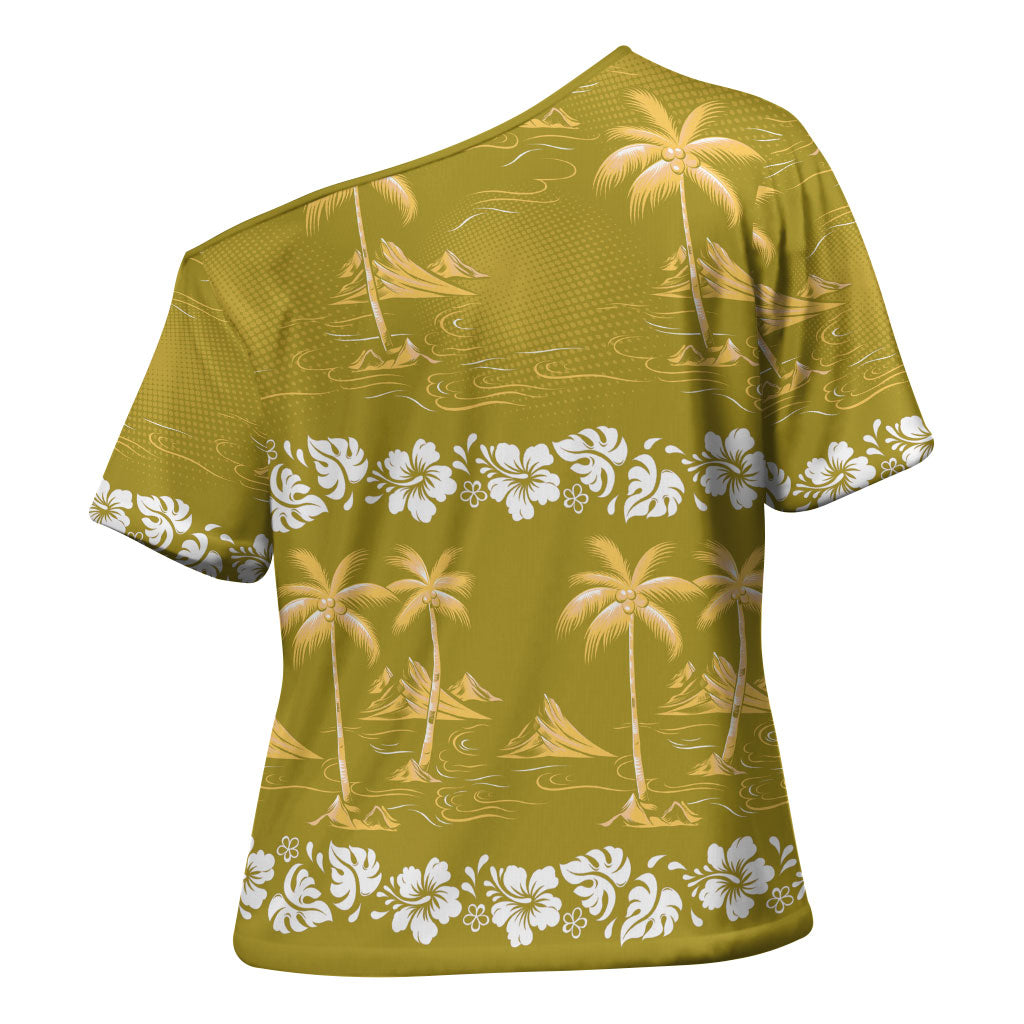 Yellow Hawaii Palm Tree Hibiscus Cross Shoulder Shirt Fantasy Summer Vibe
