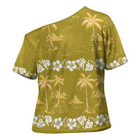 Yellow Hawaii Palm Tree Hibiscus Cross Shoulder Shirt Fantasy Summer Vibe