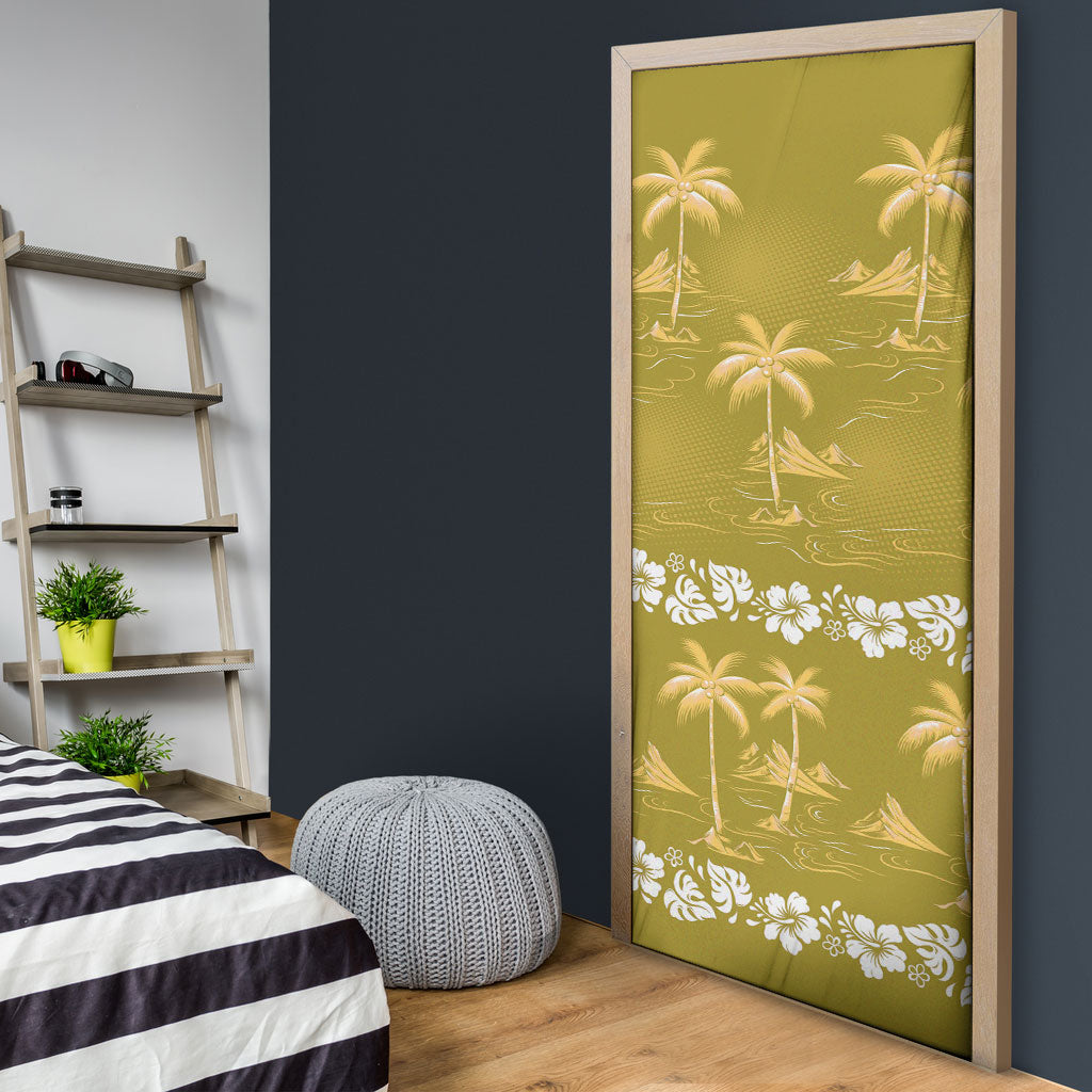 Yellow Hawaii Palm Tree Hibiscus Door Cover Fantasy Summer Vibe