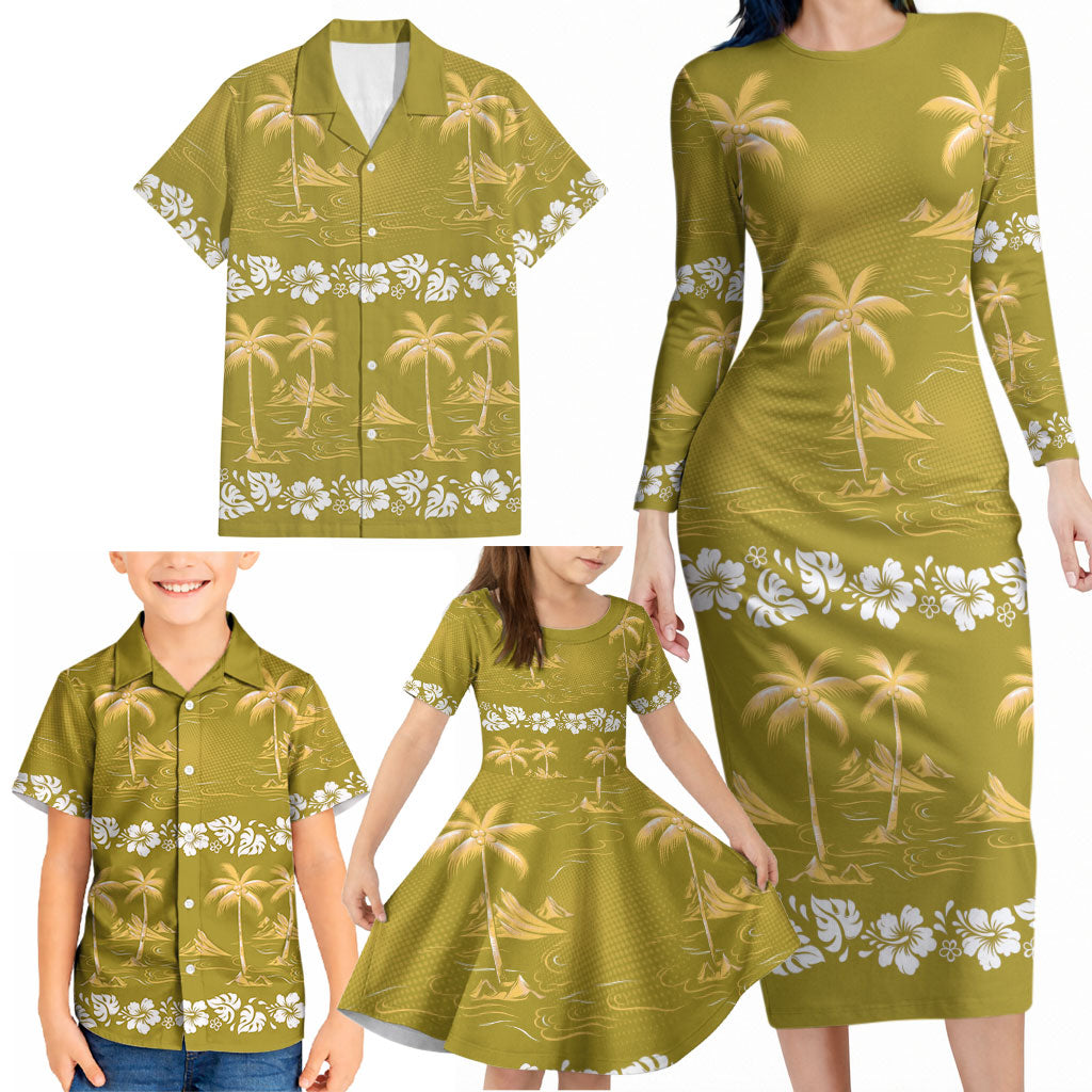 Yellow Hawaii Palm Tree Hibiscus Family Matching Long Sleeve Bodycon Dress and Hawaiian Shirt Fantasy Summer Vibe