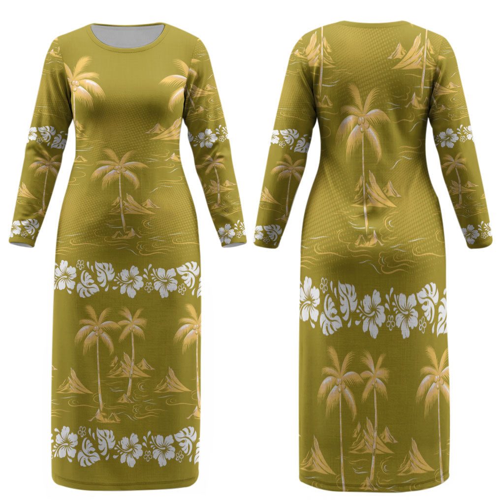Yellow Hawaii Palm Tree Hibiscus Family Matching Long Sleeve Bodycon Dress and Hawaiian Shirt Fantasy Summer Vibe