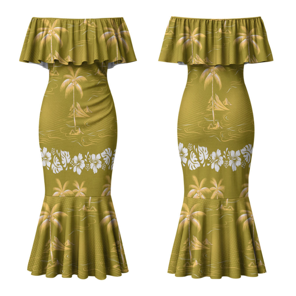 Yellow Hawaii Palm Tree Hibiscus Family Matching Mermaid Dress and Hawaiian Shirt Fantasy Summer Vibe
