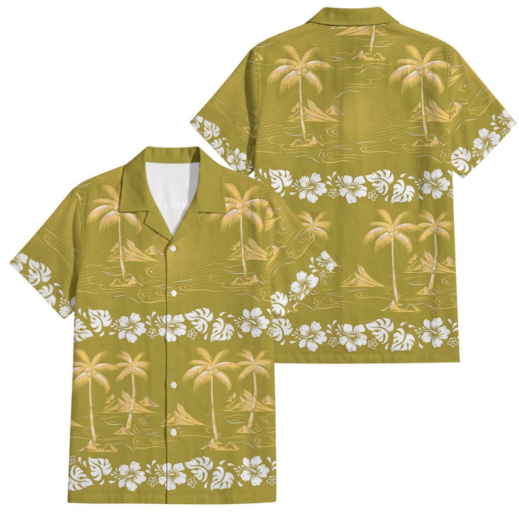 Yellow Hawaii Palm Tree Hibiscus Family Matching Mermaid Dress and Hawaiian Shirt Fantasy Summer Vibe